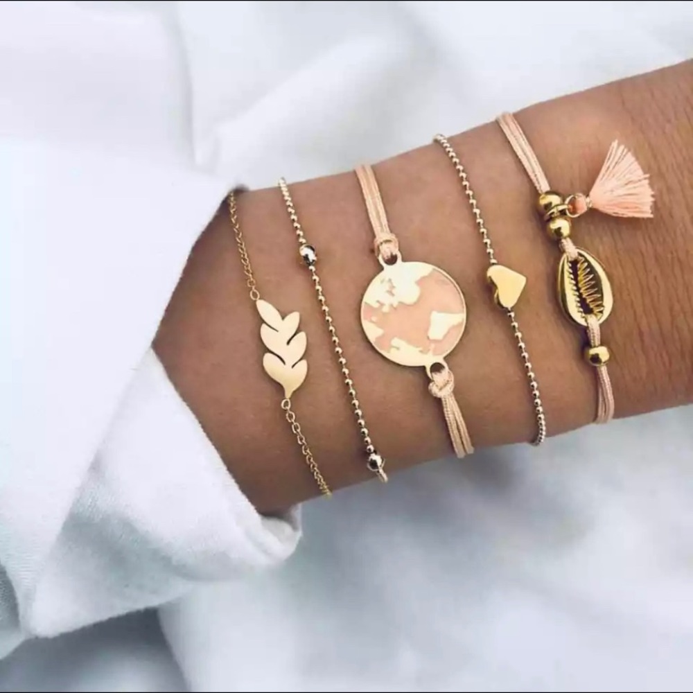 Pink Boho Bracelets (Set of 5) Shell, Heart, Earth